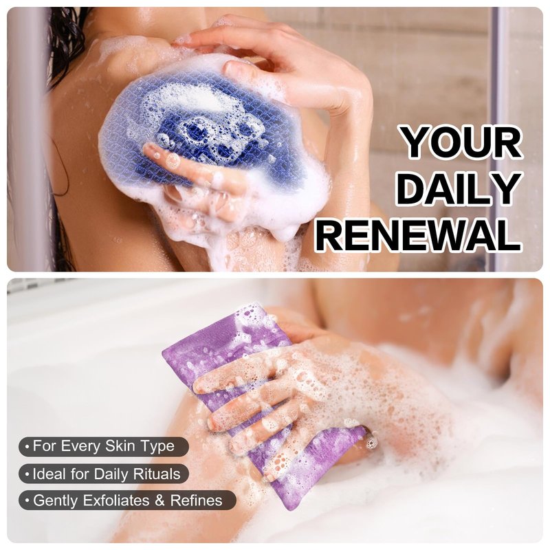 African Net Sponge 2 Pack - Deep Exfoliating Body Scrubber for Back & Full Body Care, Extra Long Loofah Alternative with Soap Bag, Double-Sided Exfoliation for Smooth Skin - Green, Blue & Purple