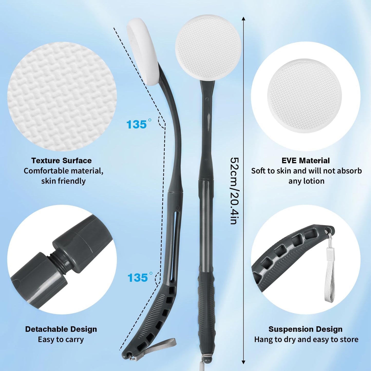 Lotion Applicator for Back, 20.5'' Replaceable Back Lotion Applicator, Easy Washable, Suitable for Use by Elderly, Men and Women（Grey）