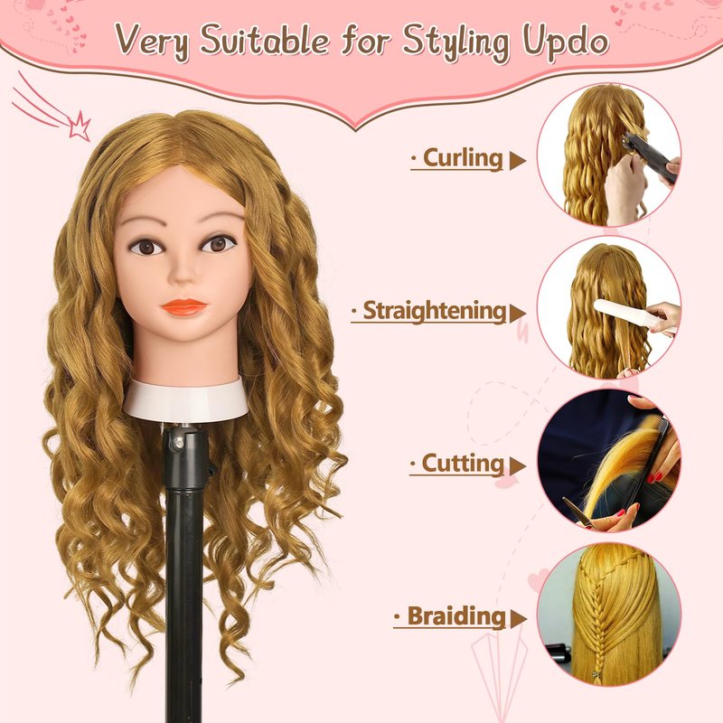 Mannequin Head with 70% Human Hair, 26" Light Brown Real Human Hair Training Head, Manikin Cosmetology Head with Clamp Holder & Tools, Practice Doll Head for Hair Styling, Braiding, Curling, Cutting