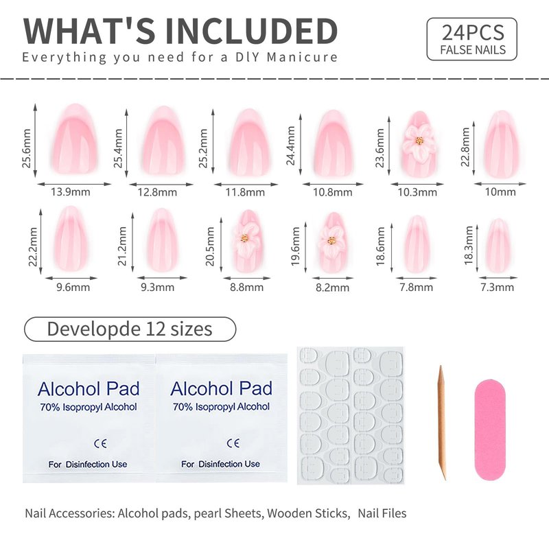 French Tip Press On Nails Almond Shape, Nude Pink with 3D Flower Design, Glossy Medium Fake Nails, Elegant Acrylic False Nails for Women Girls, Spring Floral Bridal Wedding Nails Reusable