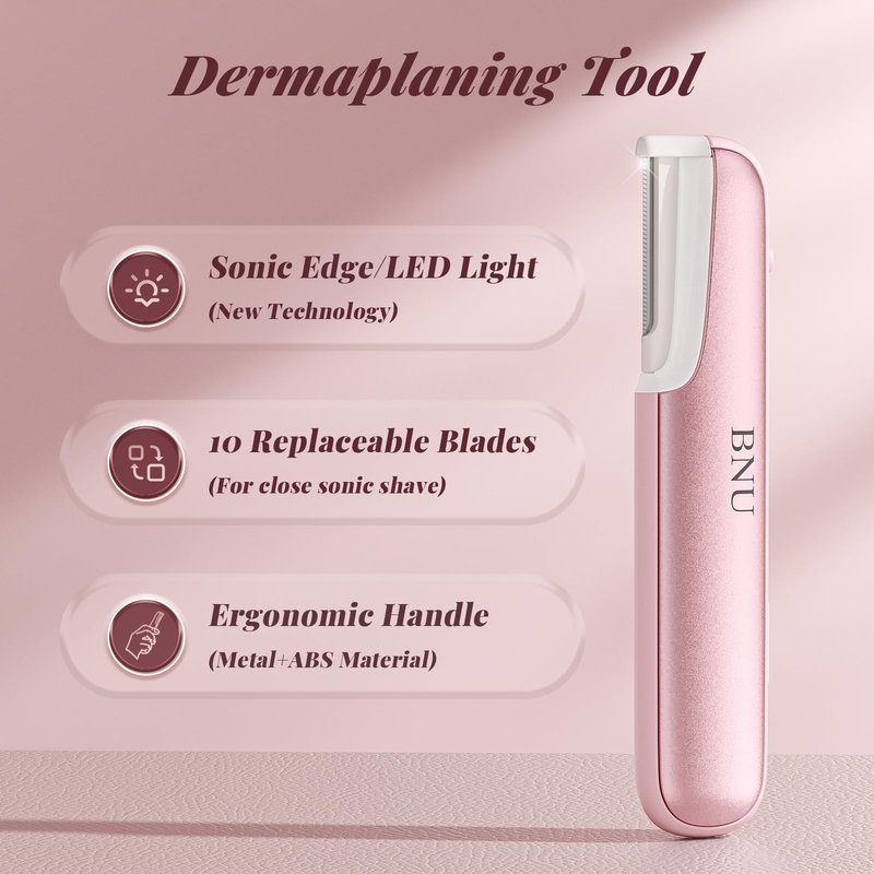Dermaplane Razor for Women Face, BNU Facial Hair Remover for Anti-Aging, Rechargeable, LED Light, Sonic Edges, 3 Speeds, Ergonomic Handle Face Dermaplaning Tool 10 Blades Pink
