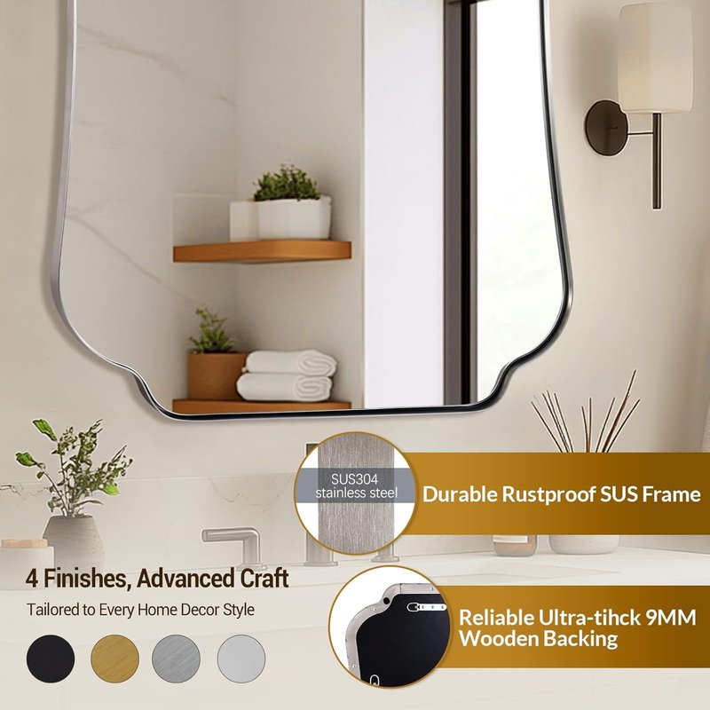 ANDY STAR Brushed Nickel Scalloped Bathroom Mirror - 26"x38" Metal Frame for Vanity & Entryway