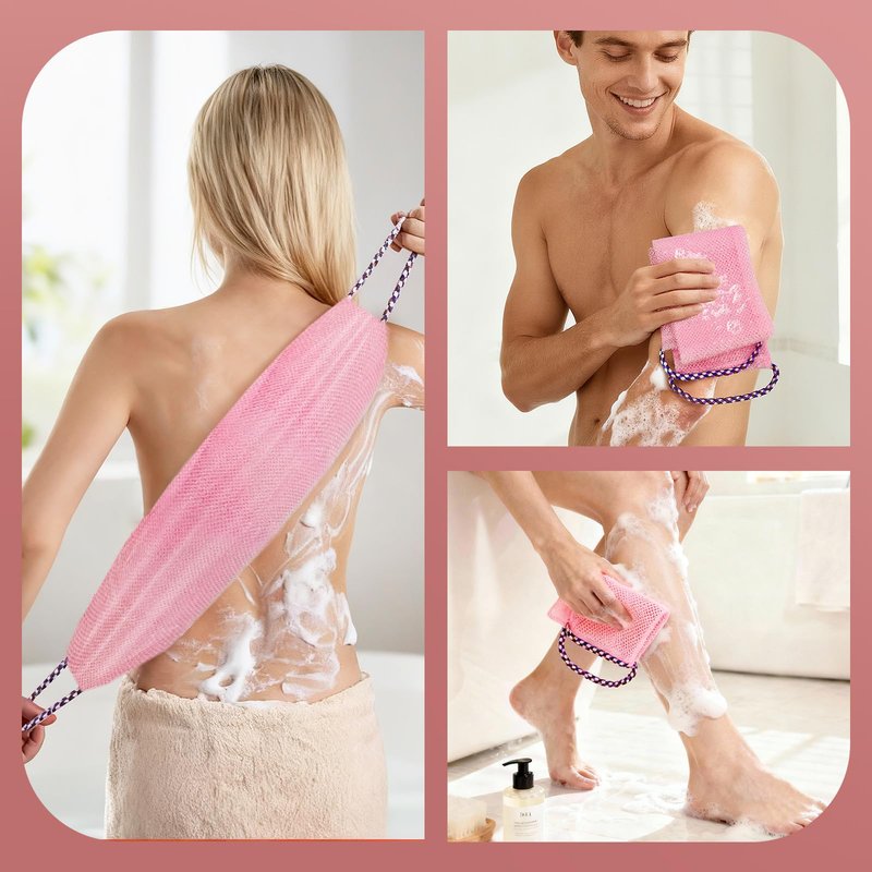 Manmihealth Soft Silicone Body Scruuber & African Bath Sponge Net Set, Gentle-Cleansing Shower Brush & Exfoliating Mesh Combination, Lathering Well Africa Wash Net Shower Scrubber (Pink)