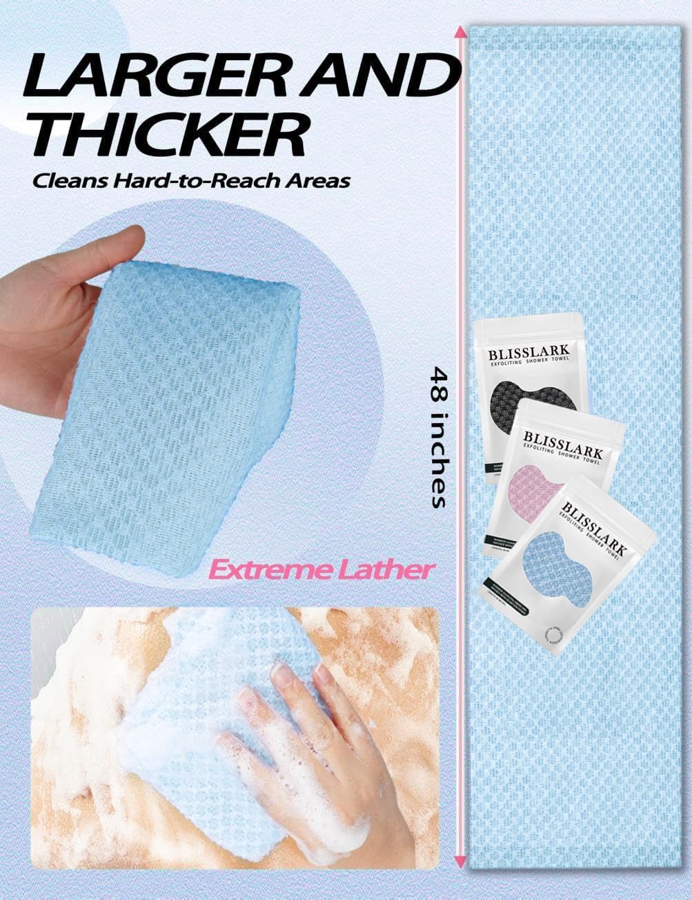 BLISSALRK Exfoliating Shower Towel 48",Premium Scrub Wash Cloth for Body Face, Exfoliating Washcloth for Men and Woman (1, Black+Blue)