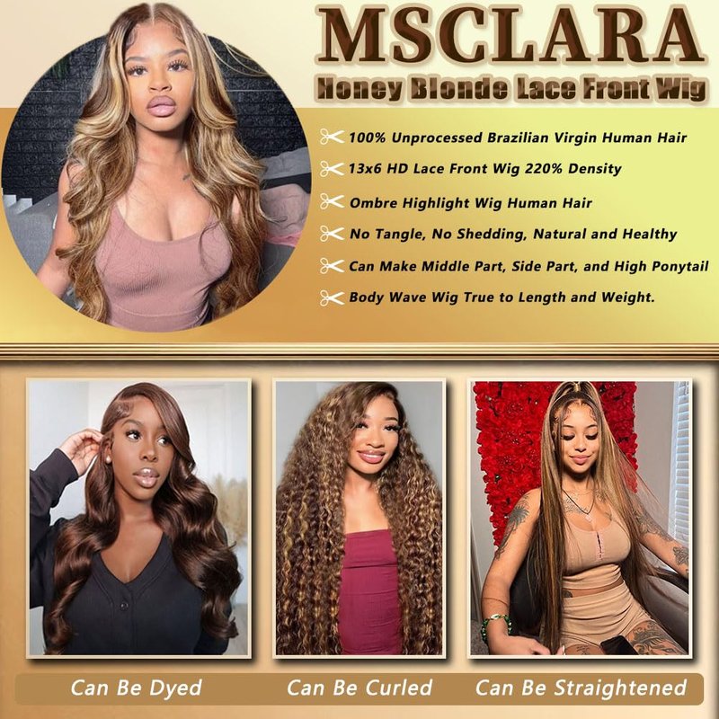 Skiennix 30-Inch Honey Blonde Ombre Body Wave Lace Front Wig - 220 Density, Pre-Plucked, 13x6 HD Lace