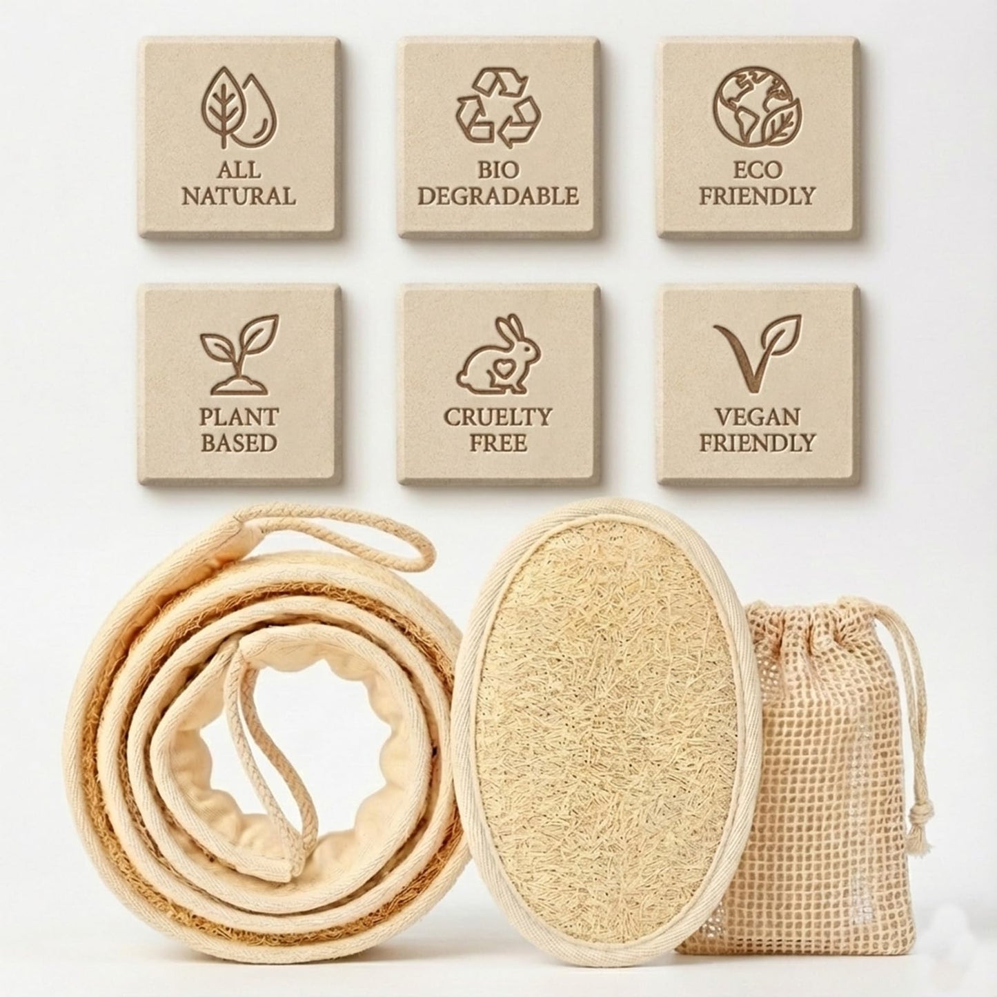 JouiiSiYa Natural Loofah Back Scrubber for Shower for Men and Women, Exfoliating Loofah Sponge with Soap Saver (1Back+1Pad+1Bag)