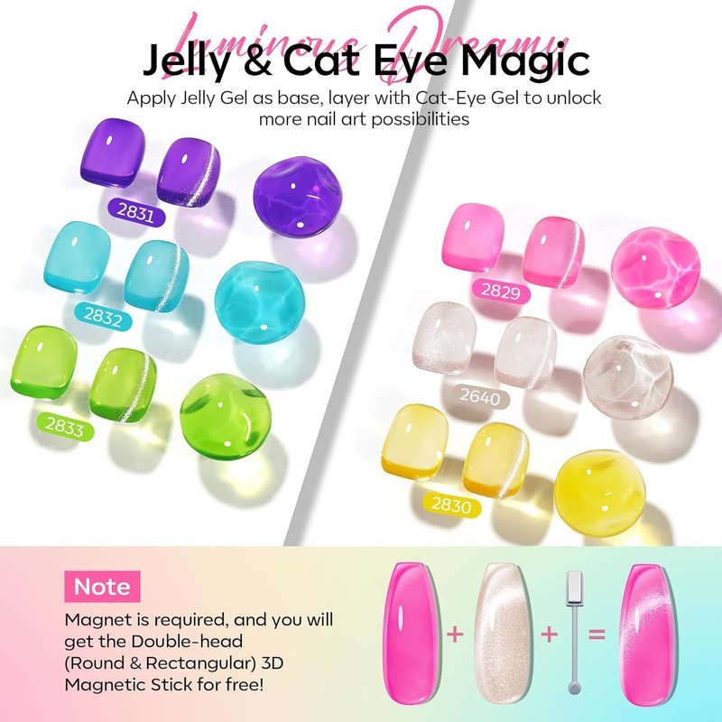 Modelones Gel Nail Polish Set - 6 Summer Nude Cat Eye Colors | Translucent Bright Neon Shades with Magnet & Liner Brush