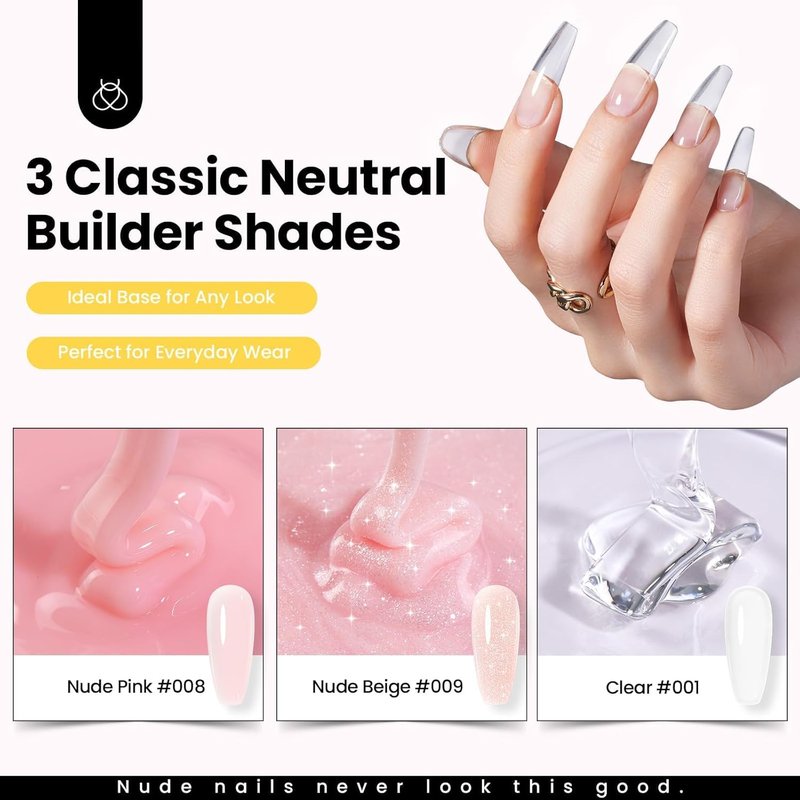 Beetles Hard Gel Nail Kit - 3 Colors Clear Nude Glitter Sculpting Gel with Long Square Tips | UV & LED Cured