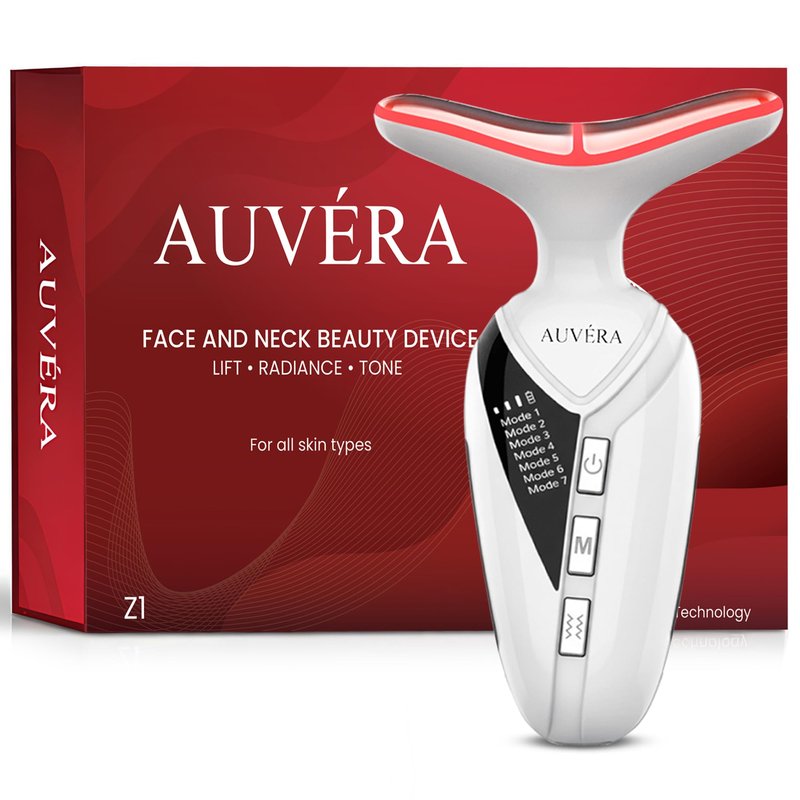 AUVERA 7-in-1 Face & Neck Beauty Massager with Light Therapy, Heat and Smart Vibration for Wrinkles, Fine Lines & Skin Tone | Multi-Light Therapy for Lift, Radiance & Glowing Skin, Z1 - White
