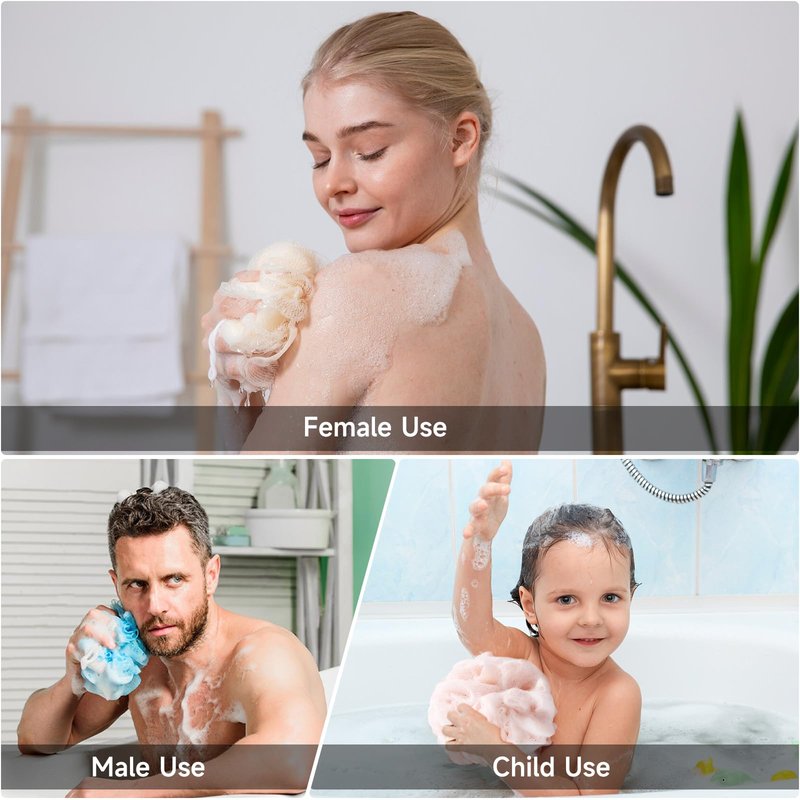 Luffa Loofah Sponge Shower Loofahs 50g Shower Bath Sponges Exfoliating Mesh Pouf Mesh Balls for Body Wash Back Scrubber Bathroom Men Women Soft Scrubber Cleaning Bathing Accessories Tool (6Colors)