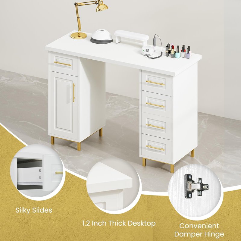 MaverickFurni Nail Tech Desk for Nail Tech, 43 Inch Wooden Manicure Table with Storage, Nail Table with 5 Drawers and Cabinet, Manicure Desk Nail Station (White)
