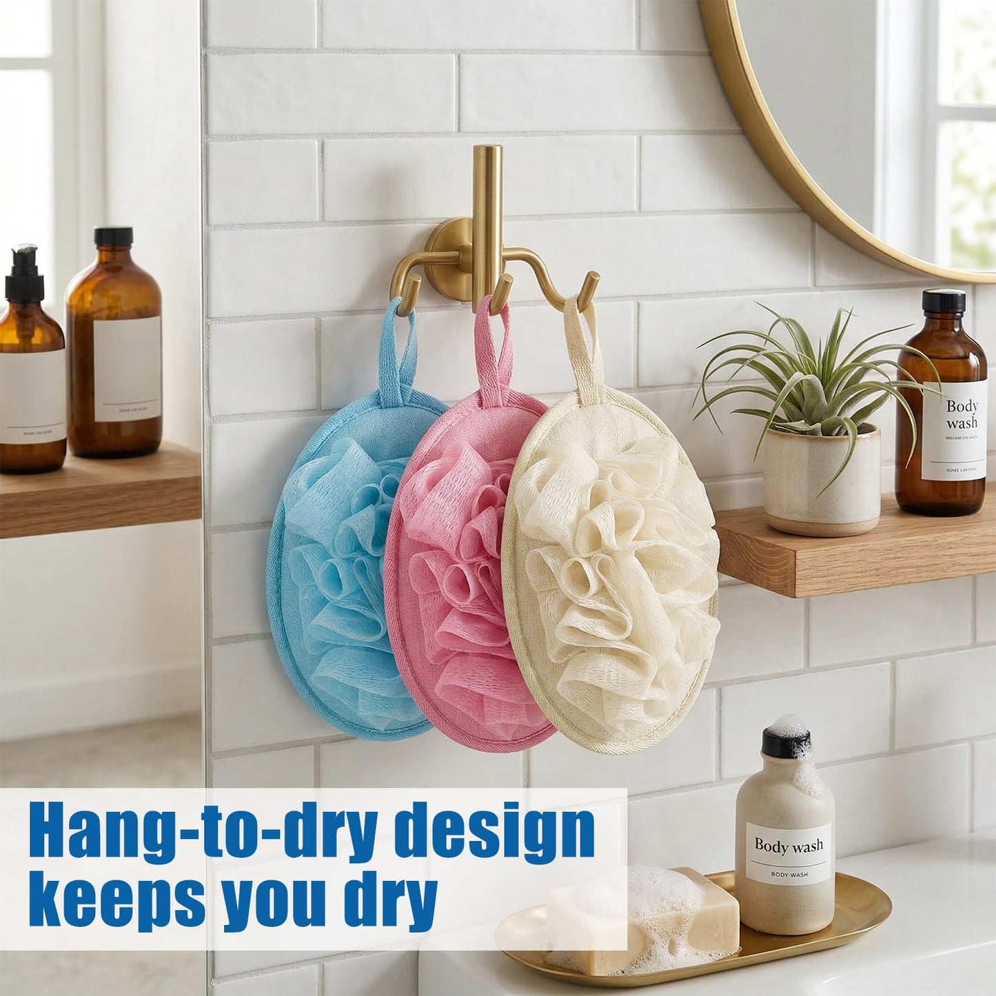 Dplolng 3 Pcs Loofah Sponge Shower Loofahs Travel Bath Sponge Mesh Balls Mini Loofah Travel Size with Elastic Hand Strap for Women Men Body Scrubber Wash Back Scrubber(Pink, Blue,Beige)