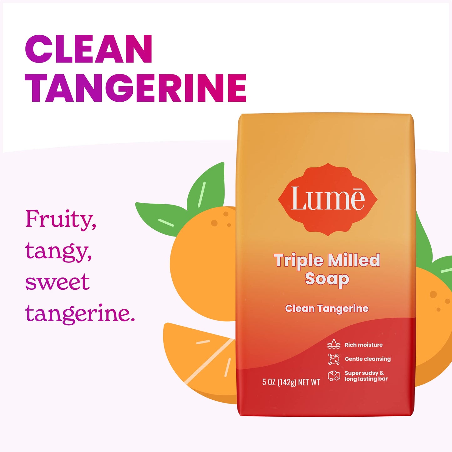 Lume Triple Milled Bar Soap - Rich Moisture & Gentle Cleansing - Paraben Free, Phthalate Free, Skin Safe - 5 ounce (Pack of 4) (Clean Tangerine)
