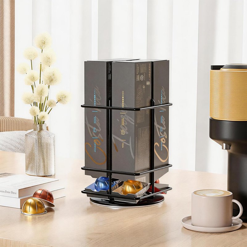 Bremoon Rotating Coffee Pod Holder Compatible with Vertuo Stores for Nespresso Vertuoline Capsules Space Saving Black Metal Organizer for Kitchen Counters Capacity of 40 pcs