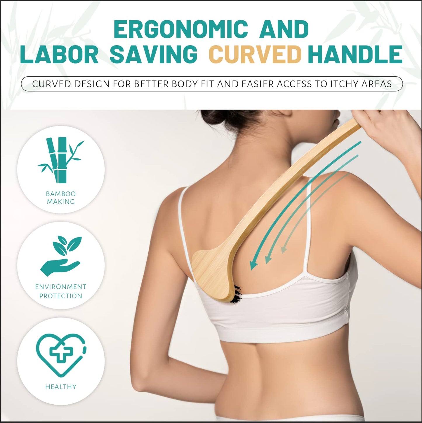 NURENDER 22" Oversized Back Scratcher, Bamboo Body Scratcher for Men and Women, Curved Backscratcher with Long Handle and Wide Nylon Brush Head for Itching Relief, Great for Elders, Pregnant Women