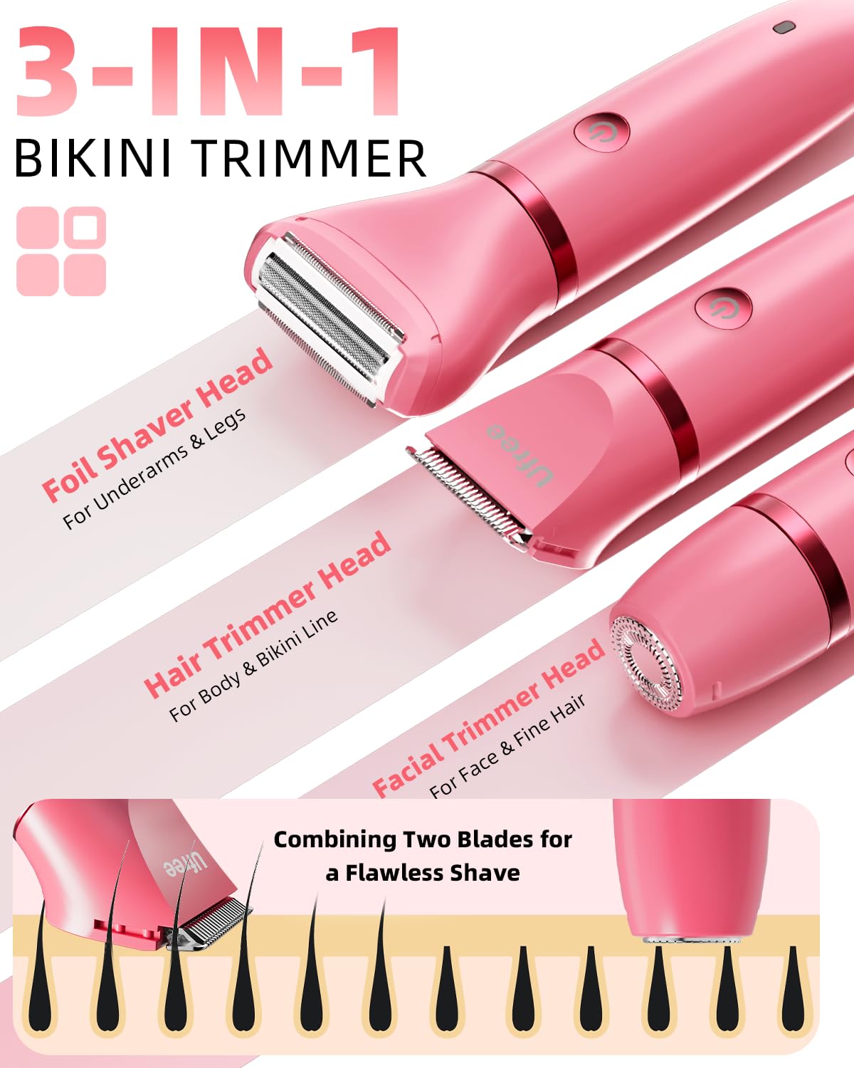Ufree Bikini Trimmer Electric Razors for Women, Rechargeable Pubic Hair Trimmer Electric Shaver for Legs Body Hair, Bikini Shaver IPX7 Waterproof, Rose Red