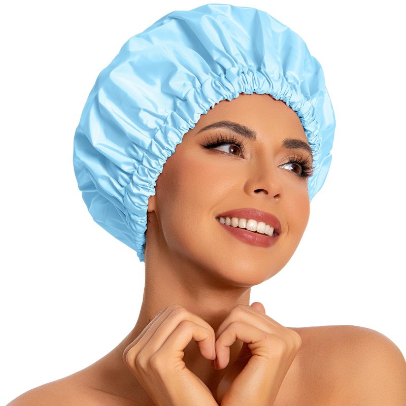 Reusable Shower Cap for Women, Large Waterproof Shower Bonnet with Elastic Band, Washable Bath Hair Cap for Long, Curly Hair, Braids, Daily Shower, Home Spa, Travel(Light Blue)