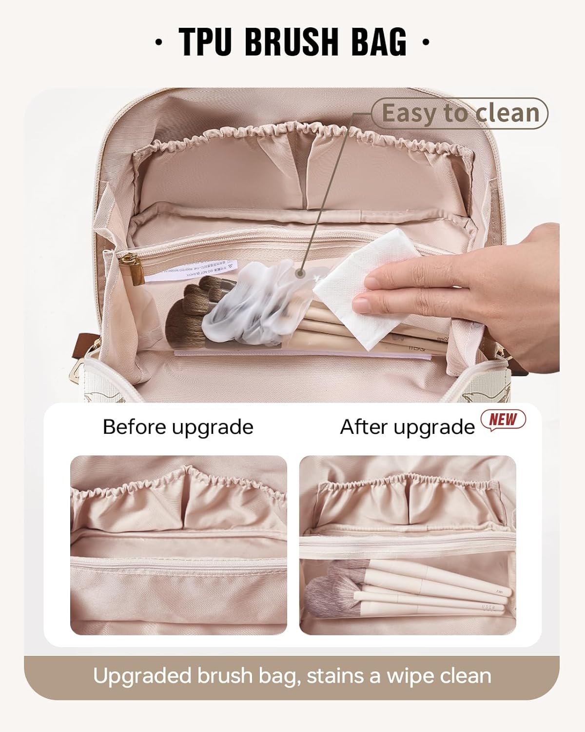 Travel Makeup Bag - Large Capacity Waterproof Cosmetic Pouch for Women | Open Flat Design (Beige)