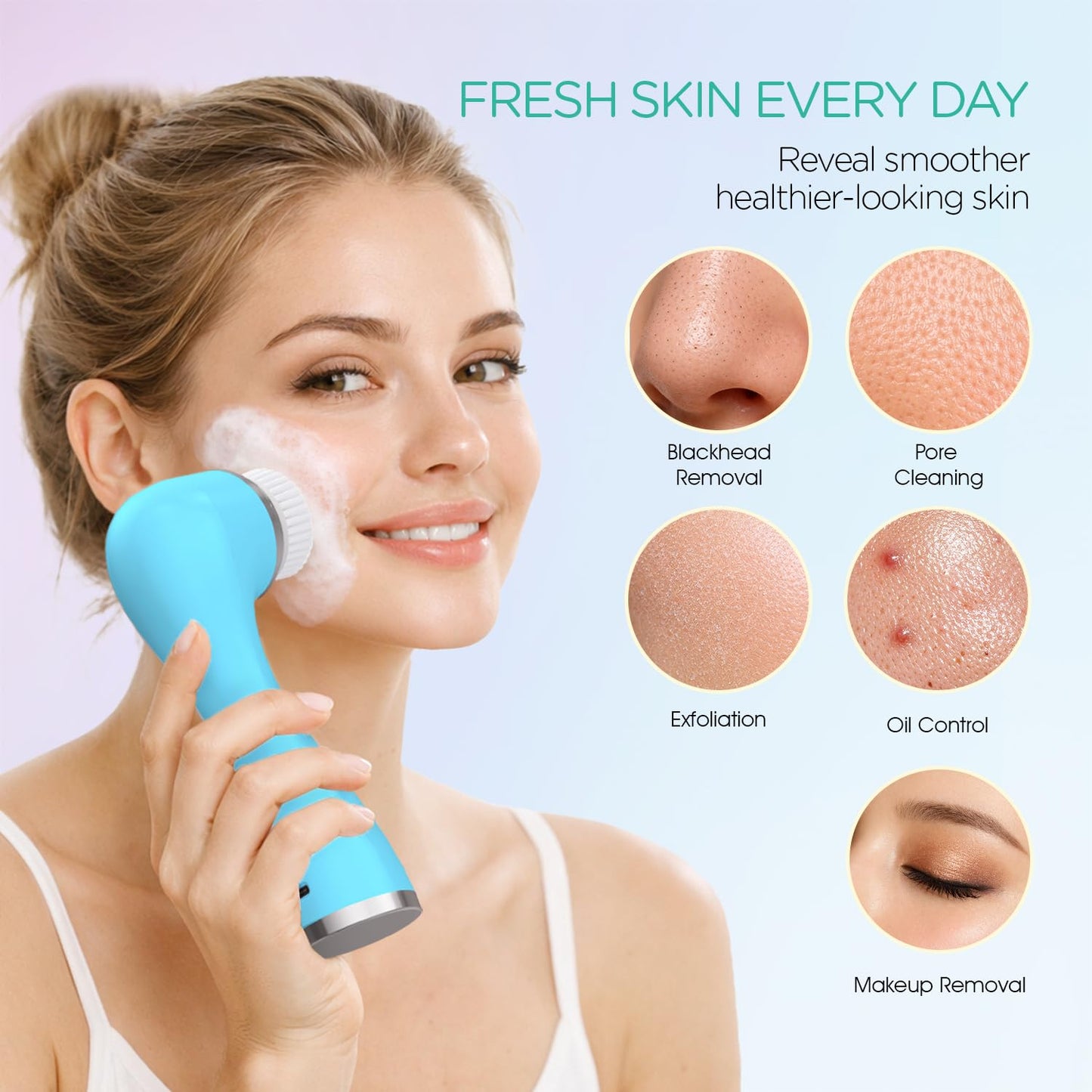 VOYOR Facial Cleansing Brush Rechargeable, Spin Face Brush Waterproof 5-in-1 Body Brush Set for Deep Skin Cleansing, Gentle Exfoliating and Massaging FB500 (Blue)