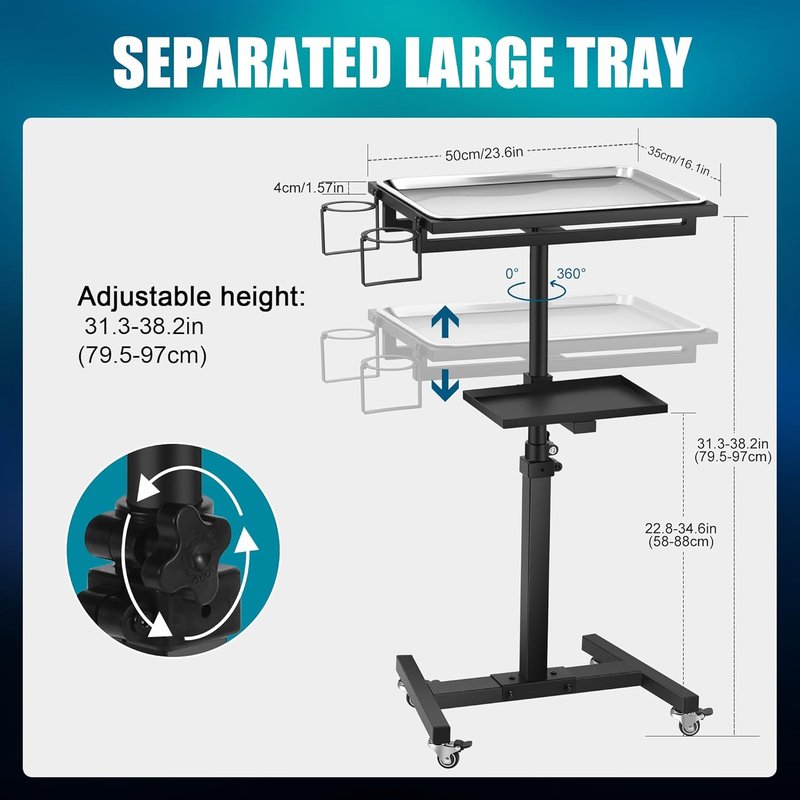 POARMEEY Stainless Steel Tattoo Tray - Adjustable Height Rolling Workstation for Salon & Spa