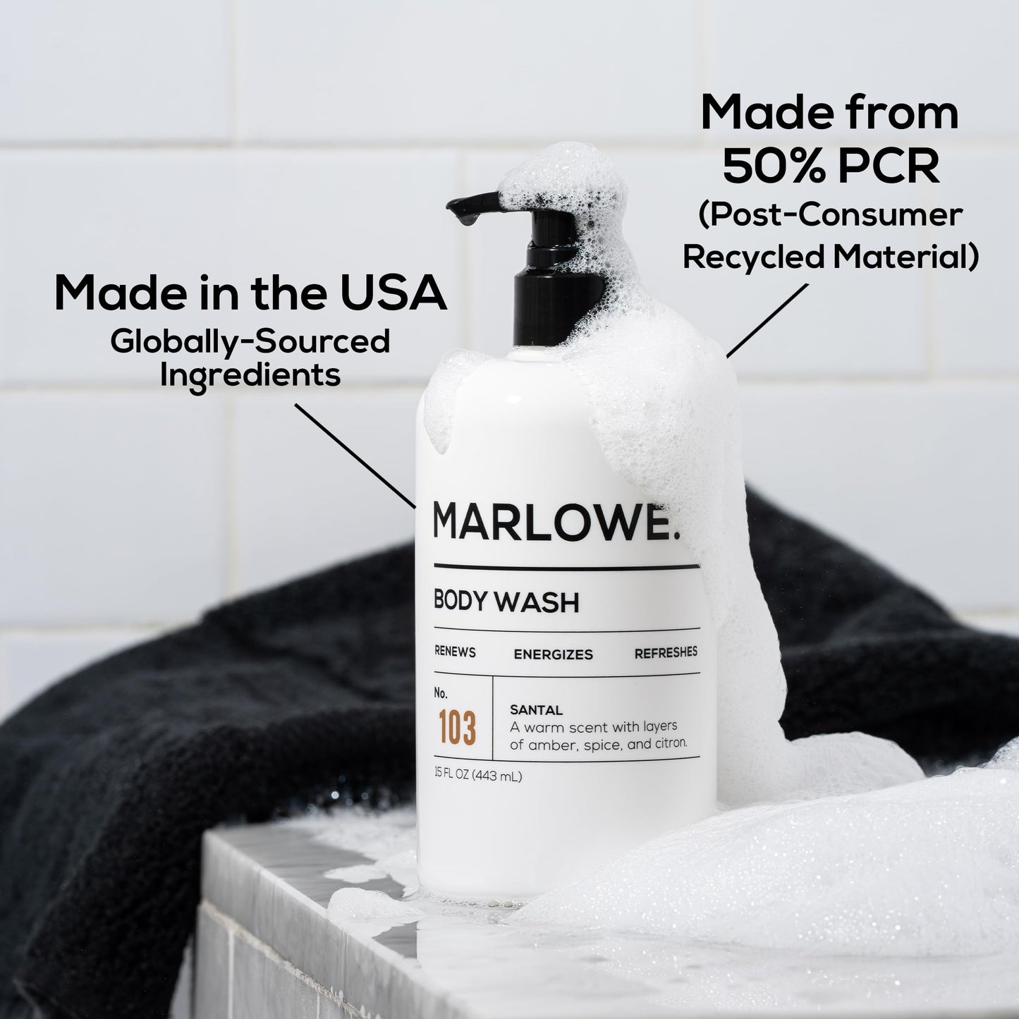 MARLOWE. Men's Body Wash, 15oz Pump, Energizing & Refreshing Shower Gel, Moisturizes, Nourishes, Clean Vegan Formula with Willow Bark & Green Tea Extracts, Warm Amber, Sandalwood & Citron Santal Scent