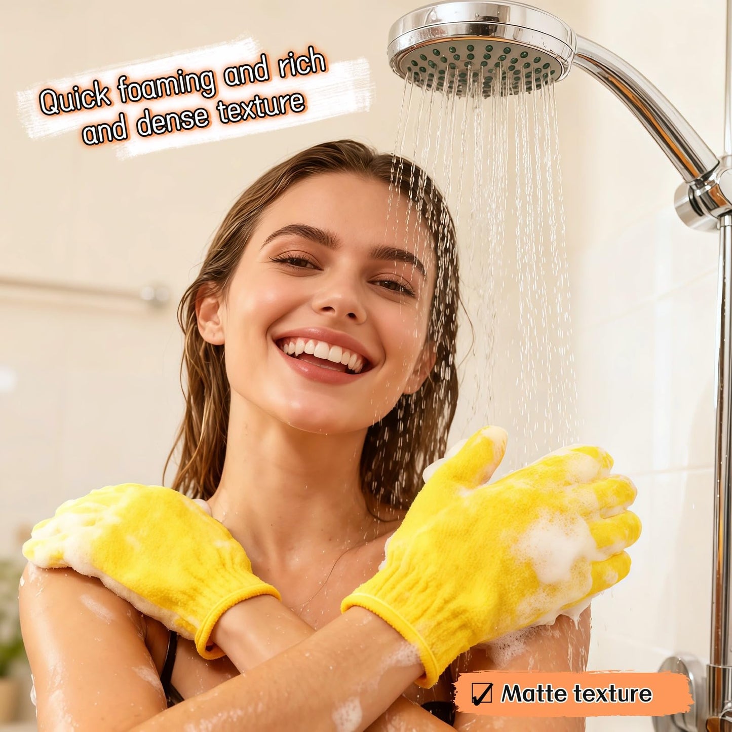 RyanDesign Exfoliating Shower Gloves, 2 Pairs Reinforced Nylon Bath Scrubbing Mitts, Orange and Yellow, One Size Fits All, Body Cleansing Massage
