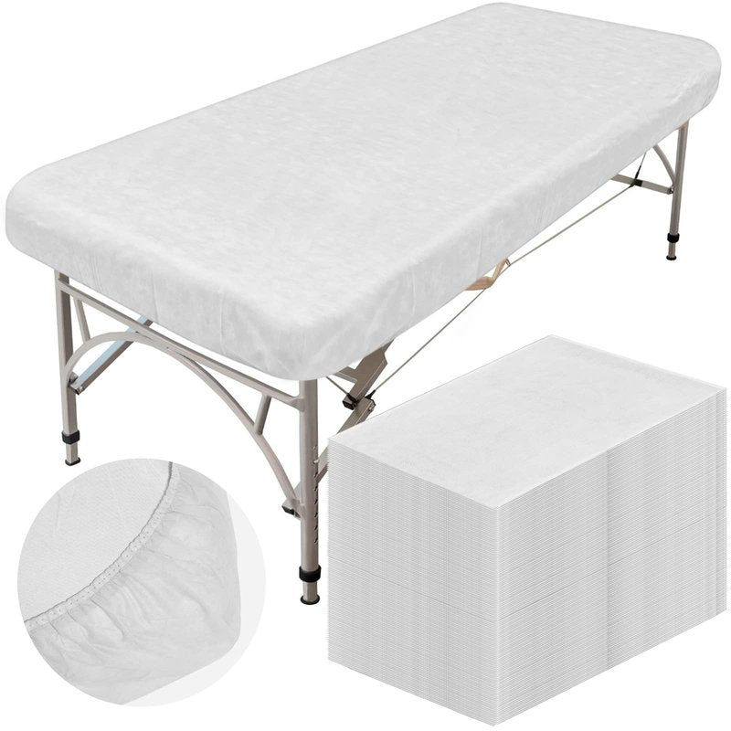 Oudain 50 Pcs Disposable Fitted Sheets with Elastic, Waterproof Oilproof 39 x 87'' Disposable Massage Bed Sheets Covers for Spa Beauty Salon(White)