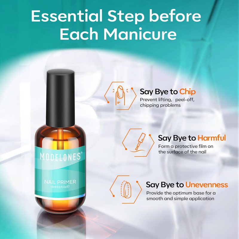 modelones Nail Primer Top Coat, 15 ml Acid Free No Lift Bond Primer, Hema-Free Bonder for Gel Polish Nail Supplies Set