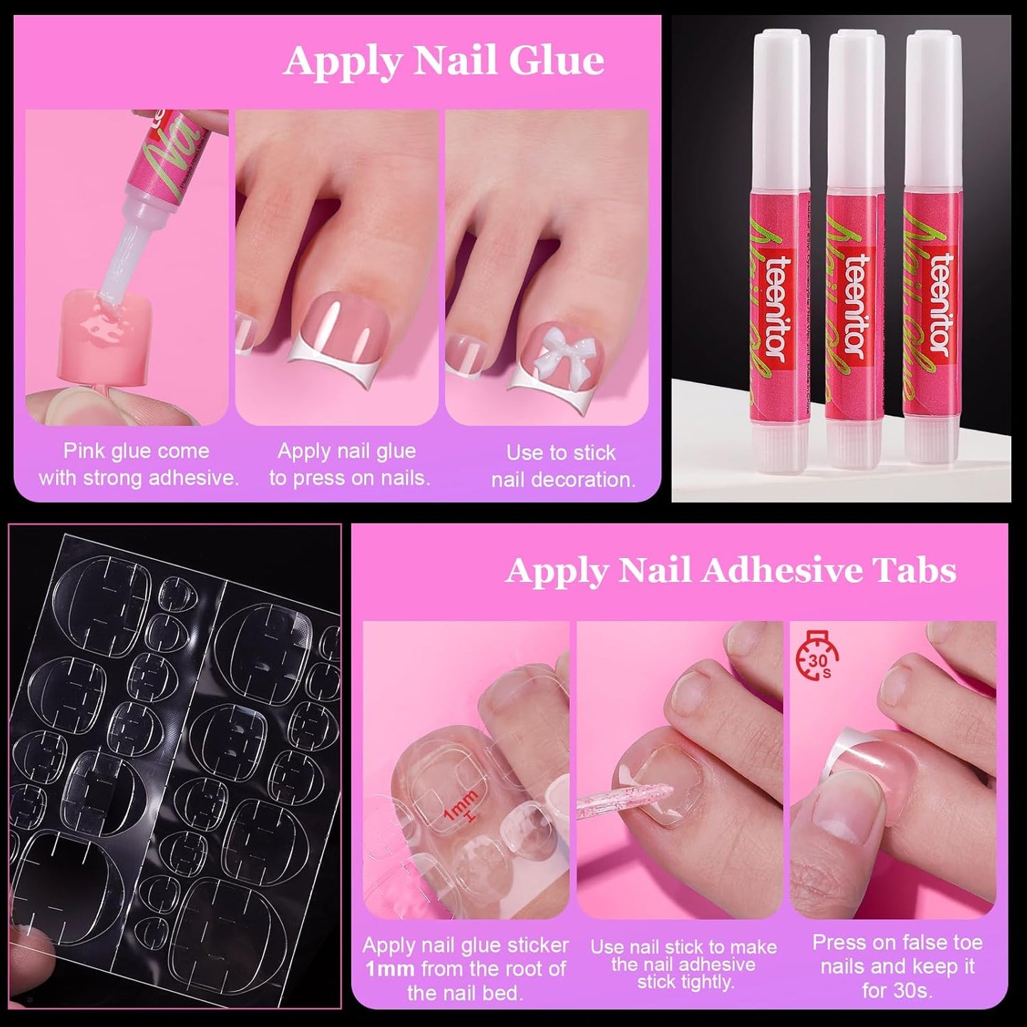 Square Toe Press-On Toenails - 150pcs French Tip Fake Nails with Glue | 15 Sizes & DIY Nail Charms