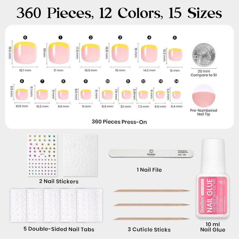 Beetles Press On Toenails Kit - 360 Pcs Short Square Glitter Nails | 12 Colors, French Glossy Finish, Includes Glue & Tabs