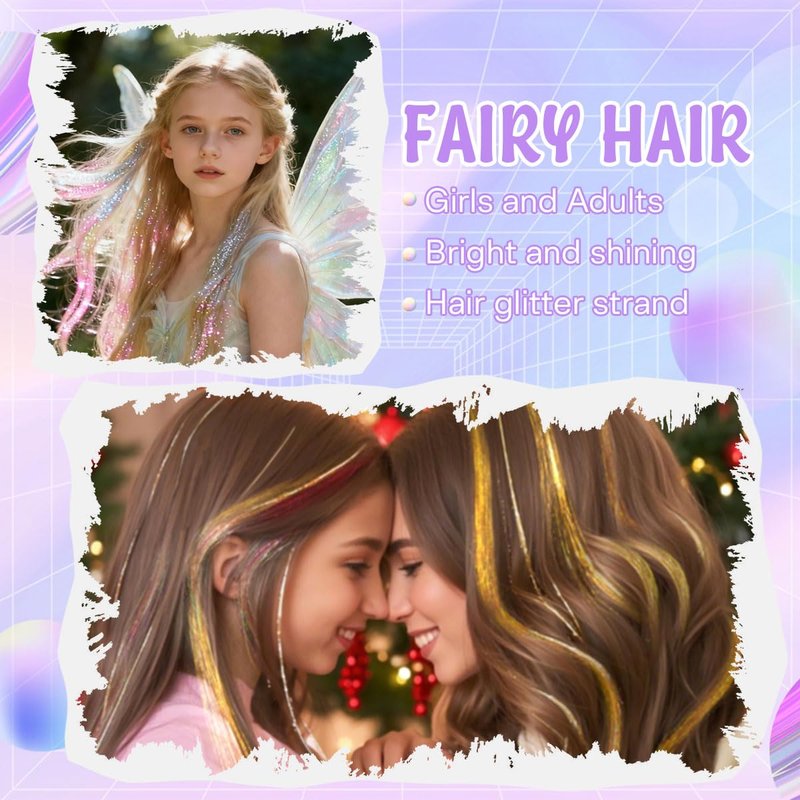 Pouweney Hair Tinsel Kit, 20 Colors Fairy Tinsel Hair Extensions for Teen Girls Heat Resistant Glitter Hair Accessories for Christmas New Year Halloween Cosplay Party(48 Inch)