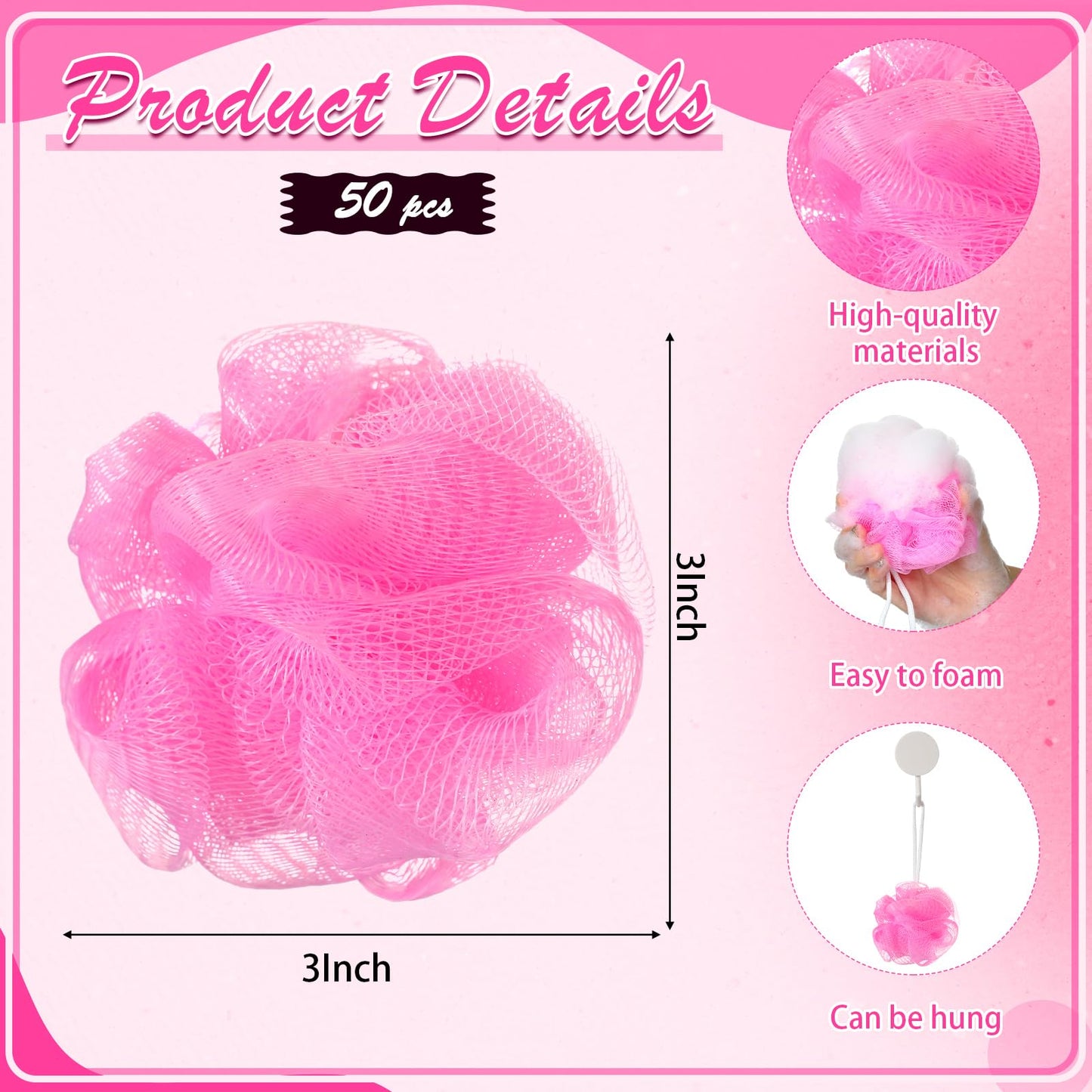 Suttmin 50 Pcs Loofah Sponge Bulk Mini Shower Sponge 3 Inch Loofahs Shower Pouf Mesh Showers Ball for Women Kids Men Exfoliating Bath Scrubber Travel Size Showers Gift(Pink)
