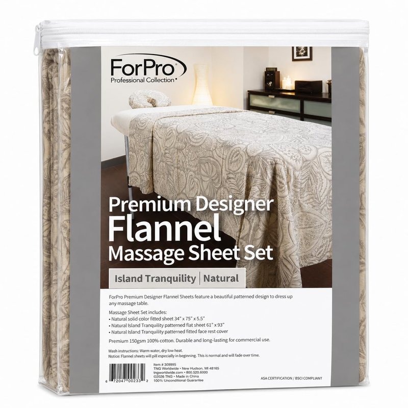 ForPro Premium Designer Flannel 3-Piece Massage Sheet Set, Island Tranquility, for Massage Tables, Includes Massage Flat Sheet, Fitted Sheet and Fitted Face Rest Cover, Natural