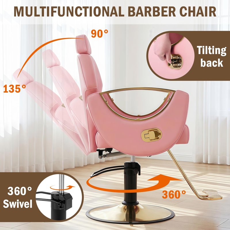 Salon Chair Barber Chair for Hair Stylist, Hair Chair with Height Adjustable Heavy-duty Hydraulic Pump,360° Swivel Multi-Function Beauty Hairdresser Shampoo Tattoo Armchair for Barbershop, Pink Gold
