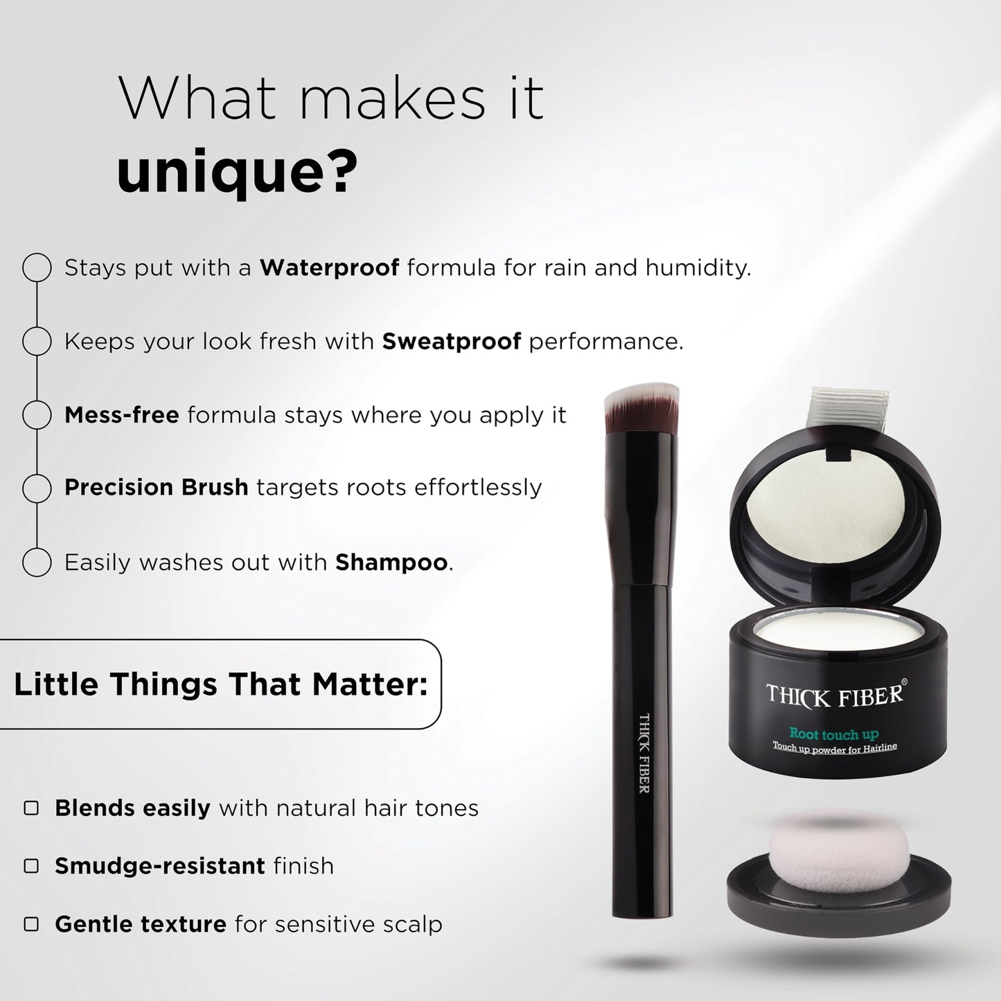THICK FIBER Root Touch Up and Hair Loss Concealer Set - Water & Sweat Resistant Hairline Powder for Thinning Hair, Women - Includes Brush (White)