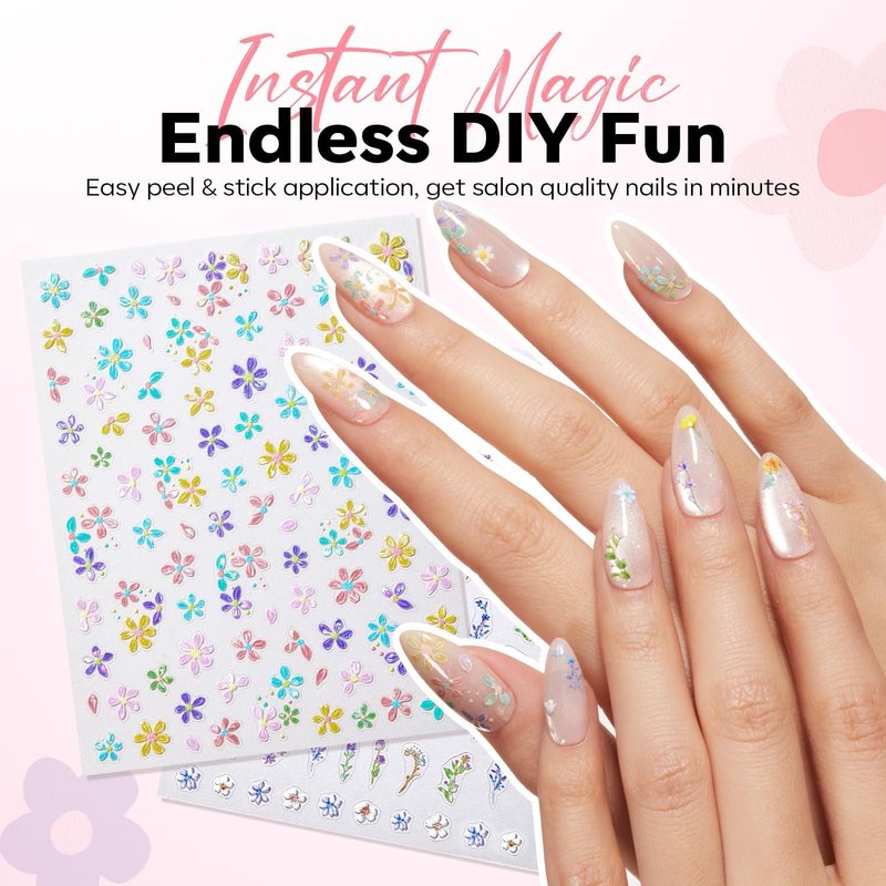 Modelones Flower Nail Stickers - 3D Embossed Colorful Floral Designs for Spring & Easter | 5 Pcs Set