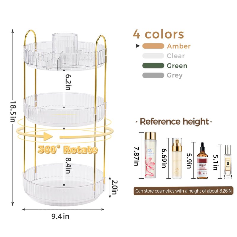360° Rotating Makeup Organizer, Upgraded 3 Tier Skincare Perfume Organizers for Women, Bathroom Organizer Countertop, Clear Cosmetic Dresser Organizer with Makeup Brush Holder, Sink&Counte (Clear)