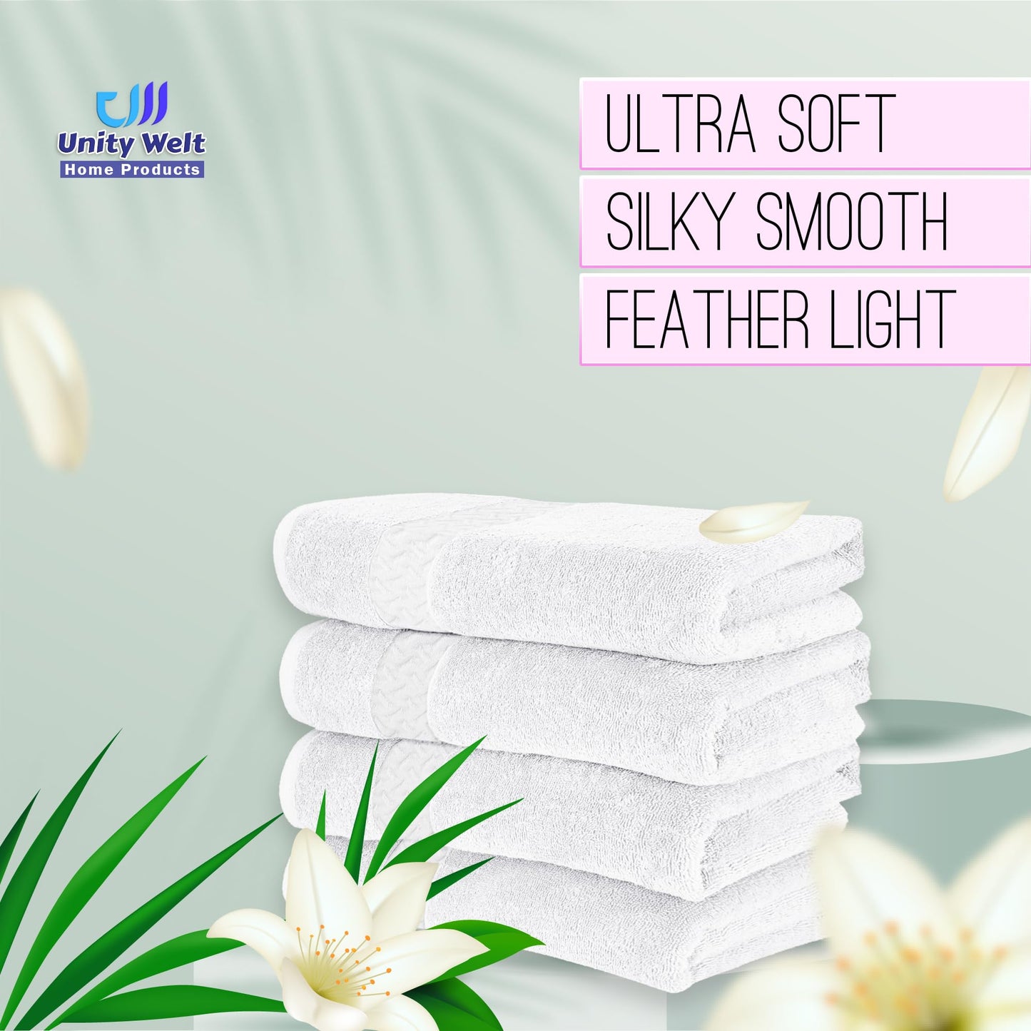 Unity Welt 100% Cotton Hand & Face Towels - Pack of 4, Size 28 x16 inch (70x40 cm), 600 GSM, Soft, Absorbent & Multipurpose for Gym, Spa, or Everyday Use (White)
