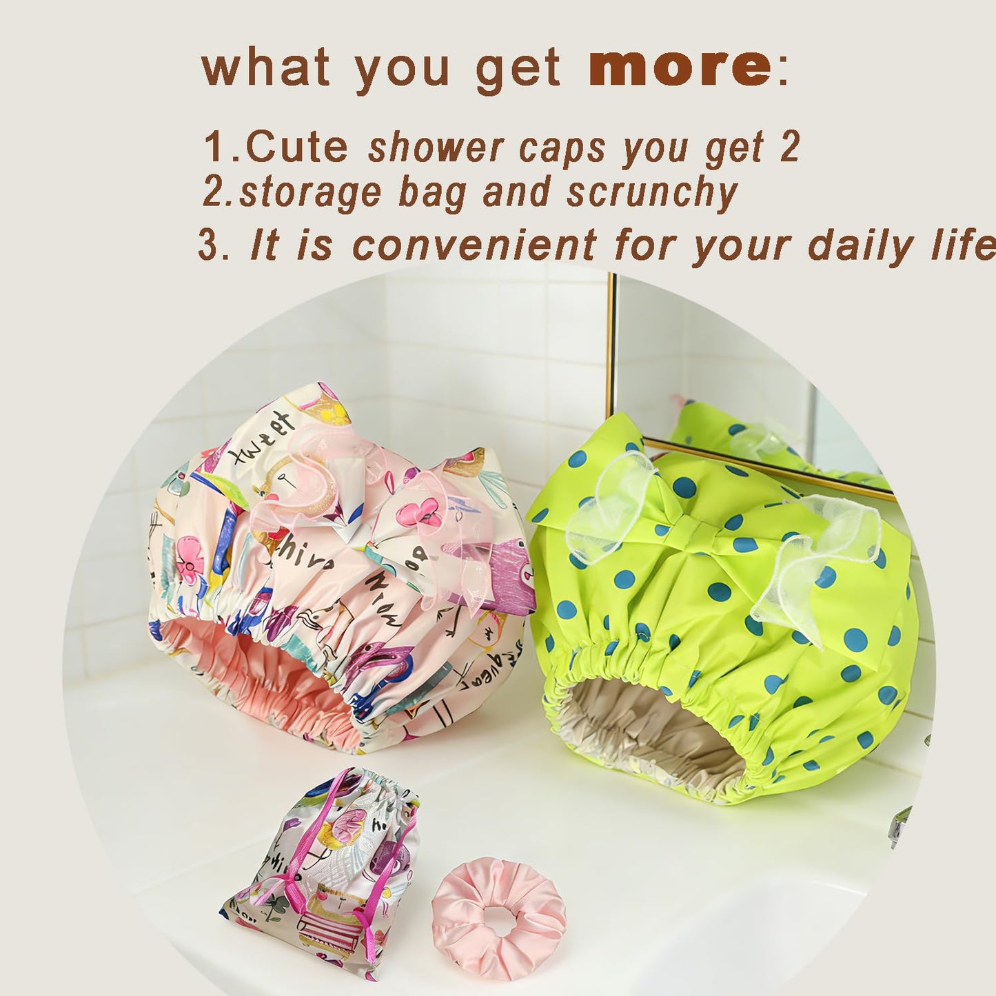 Genergy 2pcs Shower Cap for Women,Including Travel bag and Scrunchy. Frizz-Free Silky Liner, Waterproof Reusable Large Bath Bonnet for Short and Long Thick Hair, Soft Adjustable Elastic, Non-slip.