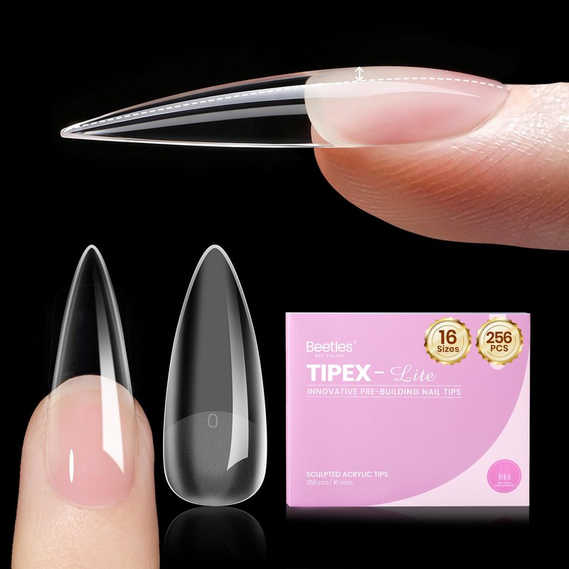 Beetles Tipex Lite Pre-Built Instant Apex Nail Tips, Stiletto Long, 256pcs Value Pack, 16 Sizes | 00-14, Flat-Nail Friendly Acrylic Tips for Natural Nail Beds, Easy for Beginner DIY