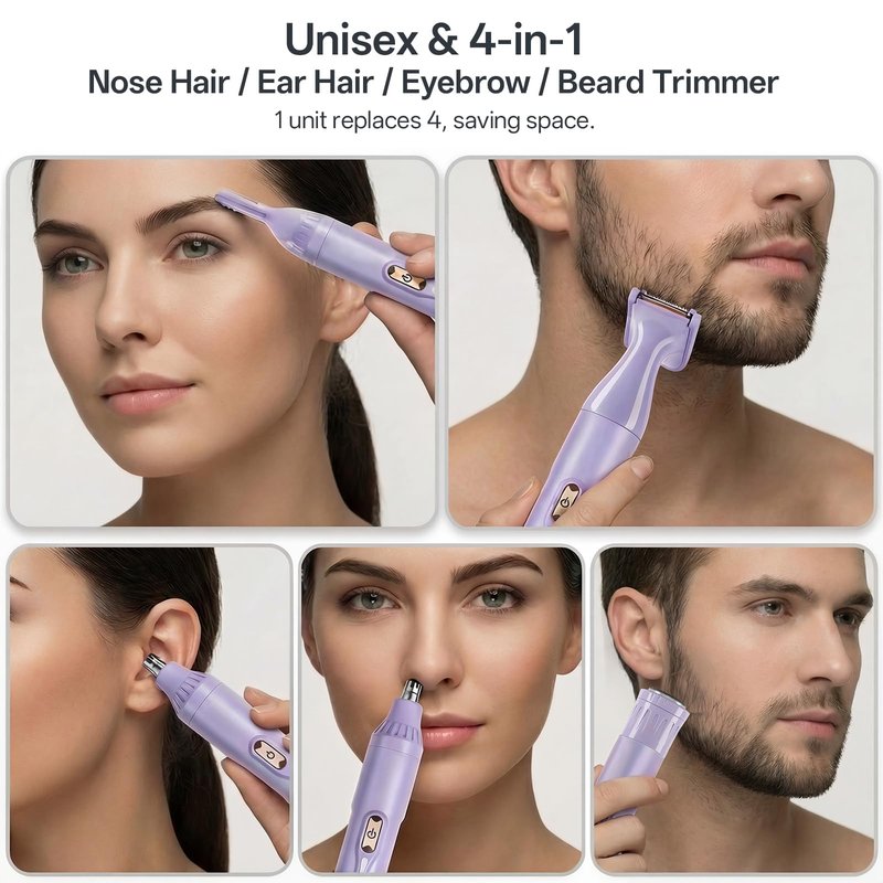 Rechargeable Nose Hair Trimmer - 4-in-1 Ear Eyebrow Beard Grooming Kit for Men & Women, Waterproof Quiet Motor, Fast Charging | 11000 RPM | Portable Travel Size Nose Trimmer Beard Trimmer (Purple)