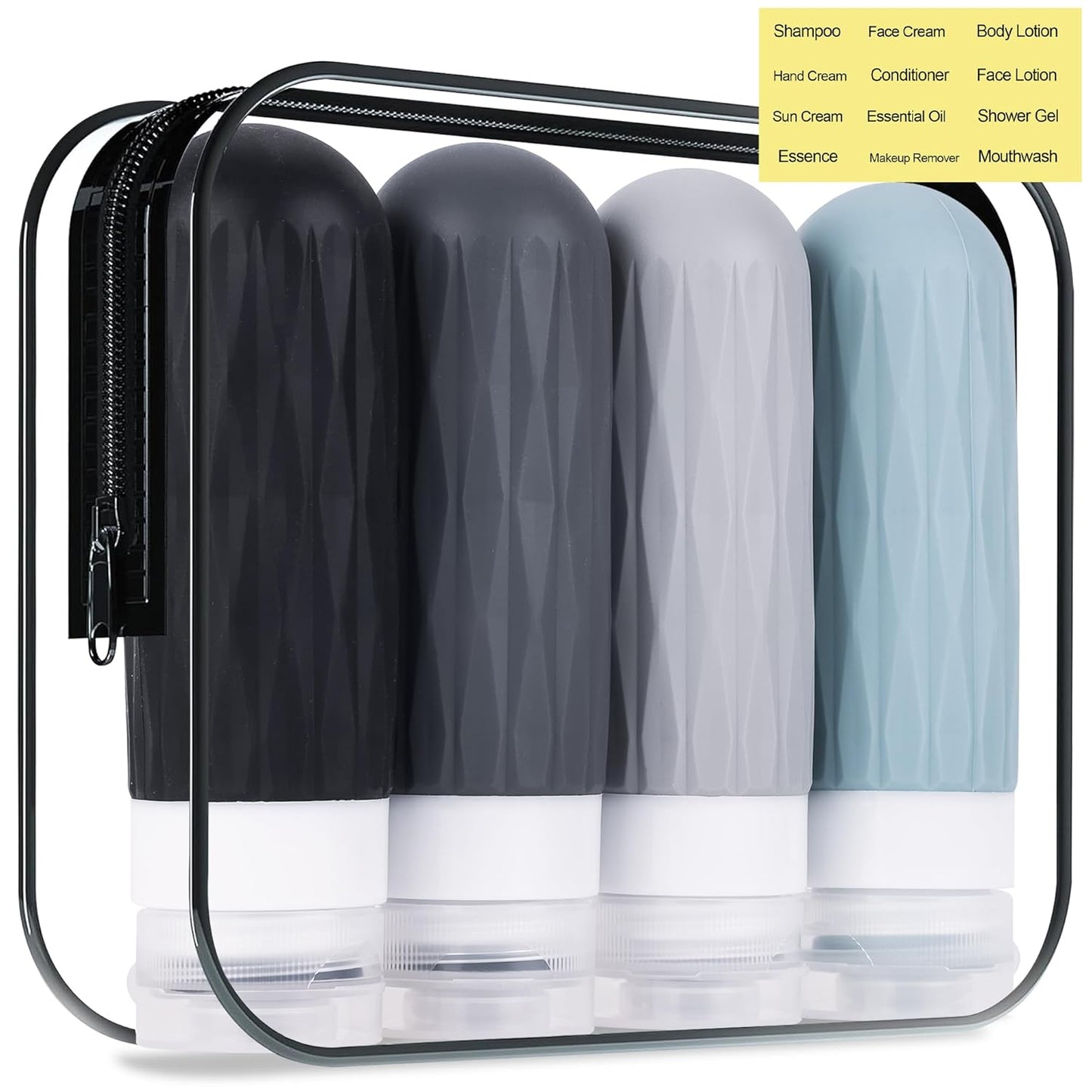 Travel Bottles for Toiletries - TSA Approved Leakproof Silicone Containers | 3oz Grey Refillable Shampoo & Conditioner Bottles
