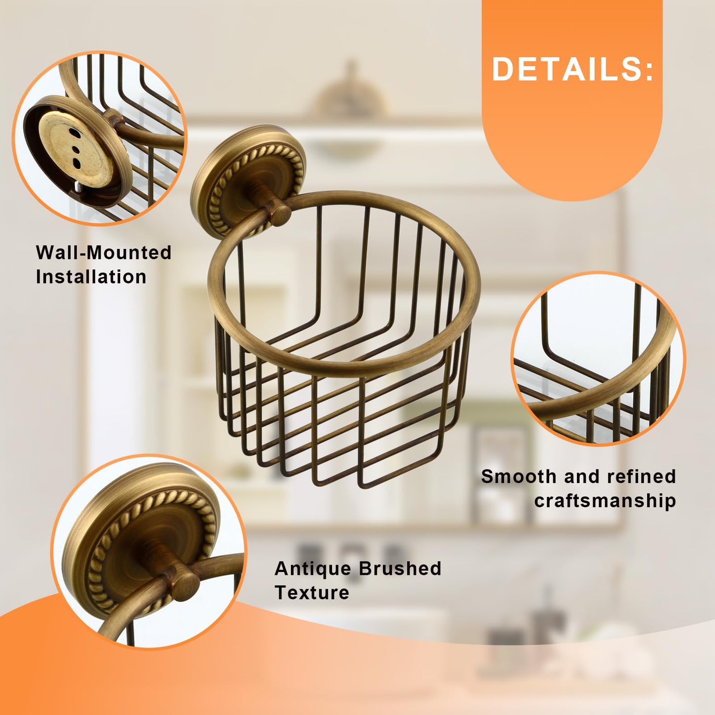 Vintage Toilet Paper Holder Wall Mounted Bathroom Roll Tissue Wire Basket, Antique Brass