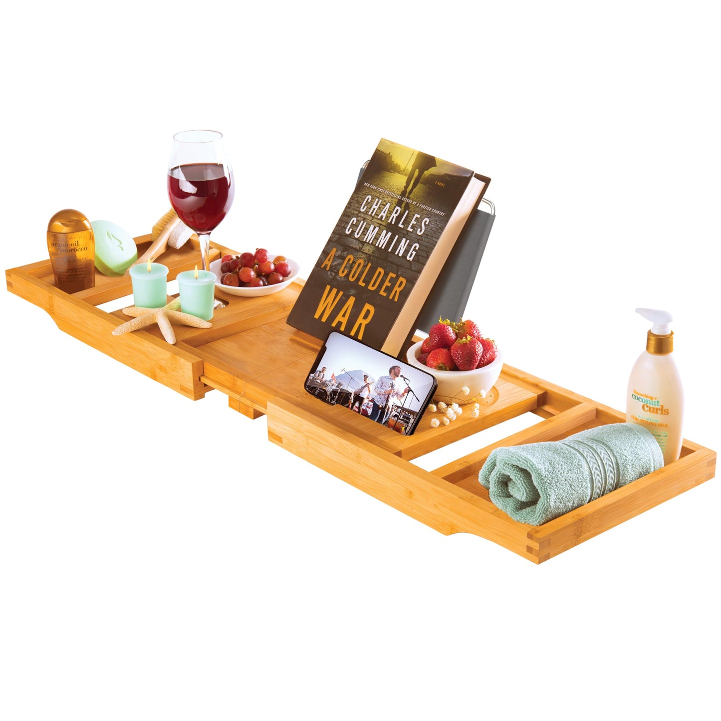 Bathtub Tray for Tub - Natural Bamboo Bath Tray, Expandable Wooden Bath Caddy Tray with Wine Holder, Book and Tablet Stand, Bathroom Accessories, Tub Table, Bridal Shower Gifts for Women