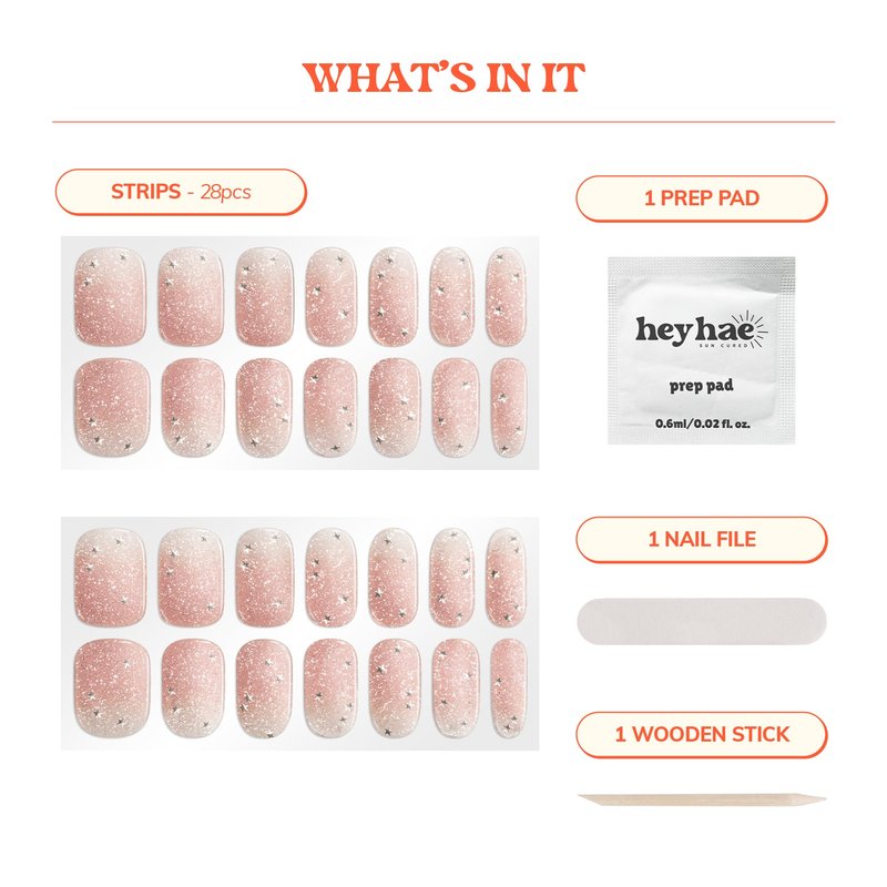 Heyhae Semi Cured Gel Nail Strips | No LED Lamp Needed | Glitter, Pink | Easy Apply & Remove, Salon Quality | Includes 28 Strips, 1 Prep Pads, Nail File & Wooden Stick - Hey, Rosé All Day