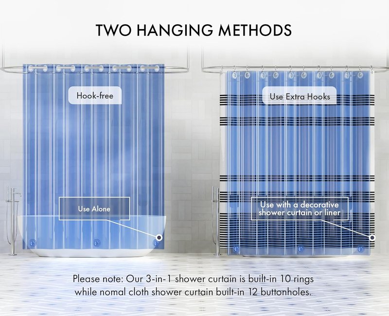 AmazerBath No Hook Shower Curtain - Luxury Heavy Duty Clear Blue 72x75 EVA Liner with 3 Weights