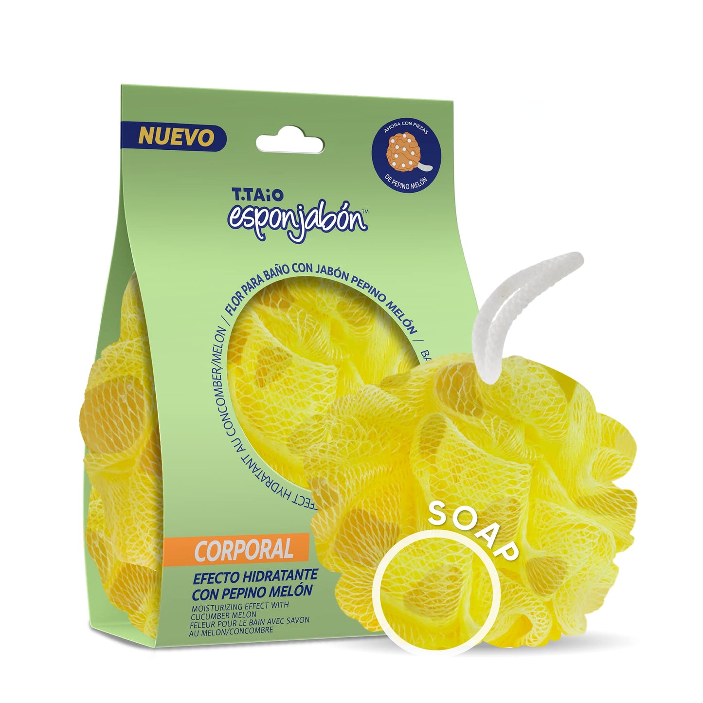 T.Taio Esponjabon Shower Bath Puff Soap Sponge - Loofah Luffa Loufa Body Wash Ball - Mesh Pouf Scrubber for Full Cleanse Lather Skin Care - Beauty Bathroom Accessories - Cucumber & Melon Soap