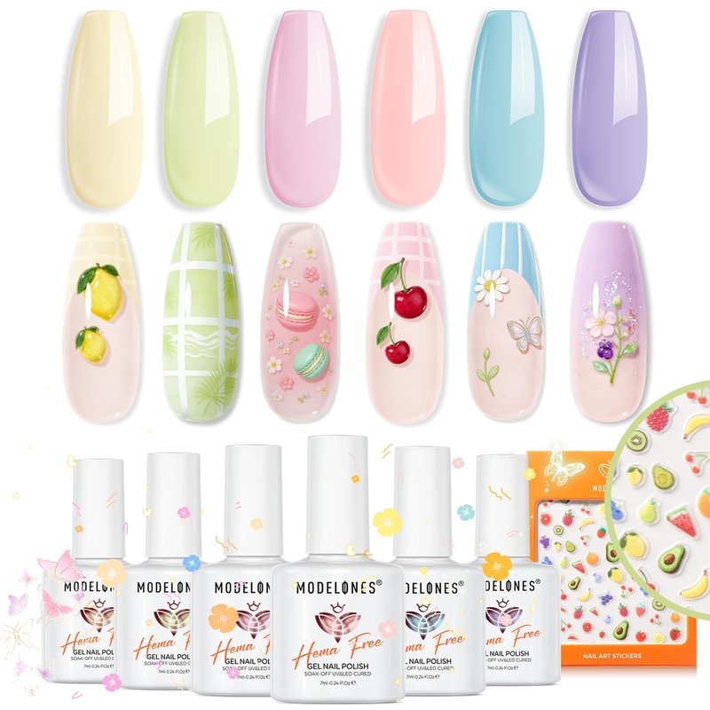 modelones Pastel Gel Nail Polish Set, Hema Free 2026 Spring Summer Macaron Gel Polish Set Light Pink Pastel Yellow Purple Baby Blue Green 6 Colors Nails with Fruit Theme Stickers LED Mani Gift