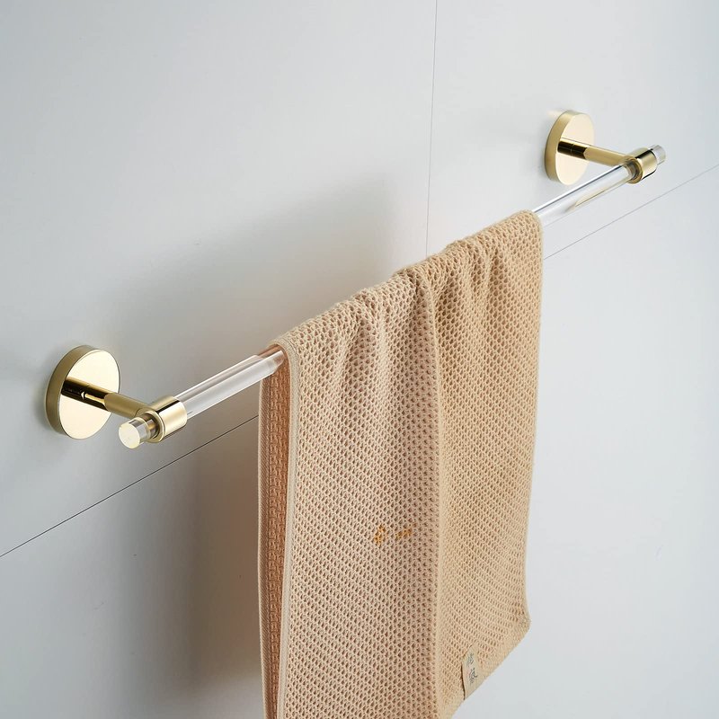 Gold Acrylic Bathroom Accessories Set, Including a Wall-Mounted Towel bar, Towel Ring, Toilet Paper Holder, and Robe Hook. A 4-Piece Modern Acrylic Bathroom Hardware Fixture Set.