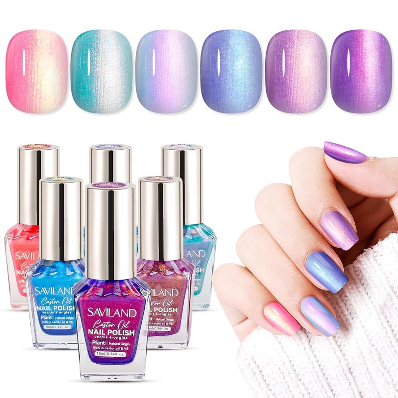SAVILAND Nail Strengthener Nude 1Pcs 15ml & 6pcs Ombre Nail Polish Sets: Charm Pink Blue Gold Purple Ombre Summer Fingernail Polish